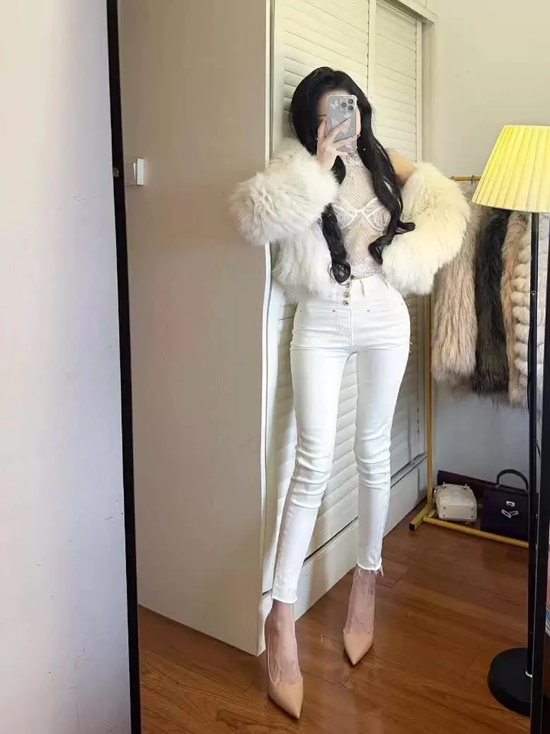 

Spring Heavyweight High Waist Tee Button Faion Design Slim Fit Elastic Pencil Jeans Women's Denim Skinnies Nine Points