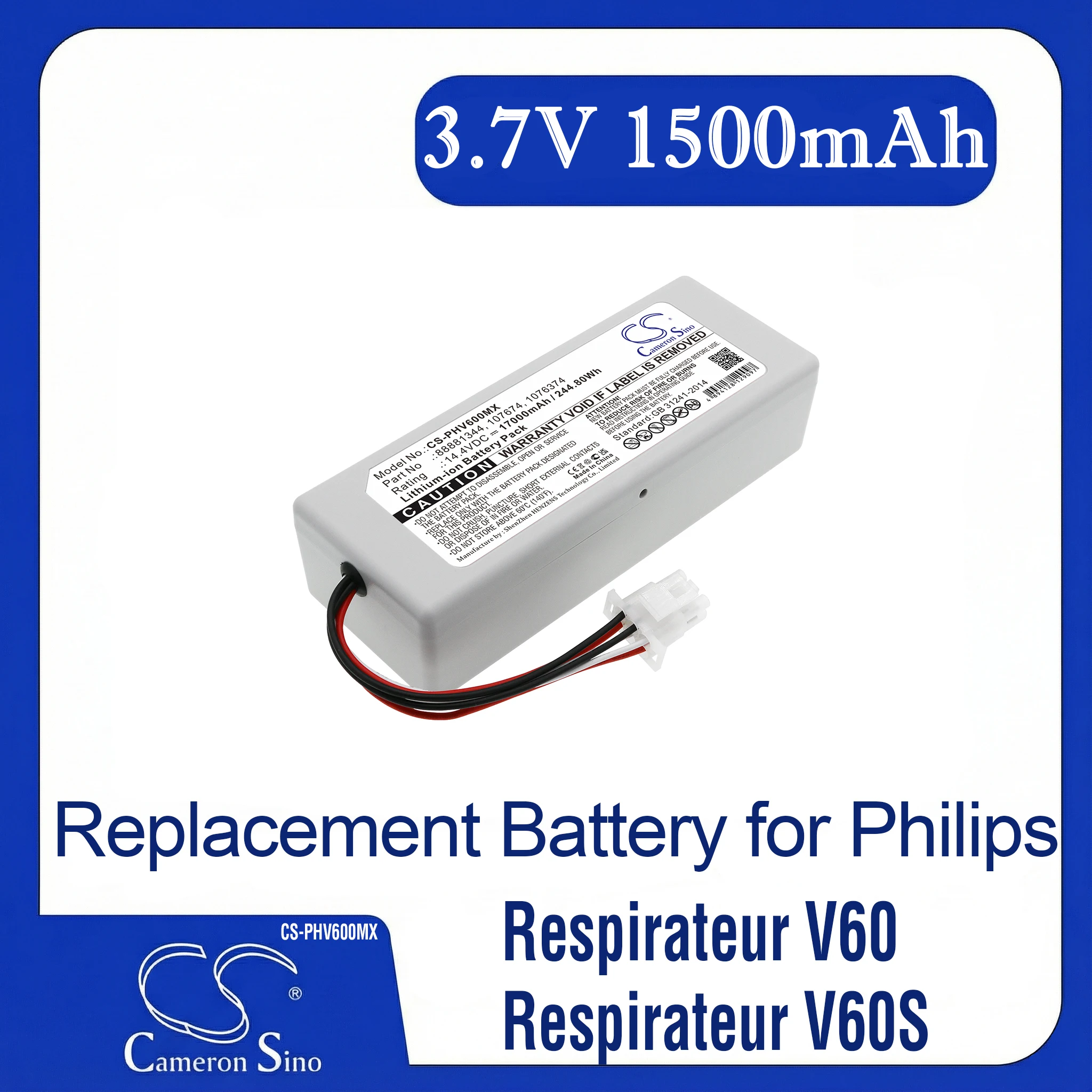 

Cameron Sino Replacement Battery for Philips Respirateur V60, Respirateur V60S,, Fits P/N 1056921,1058272,1076374,107674,888813