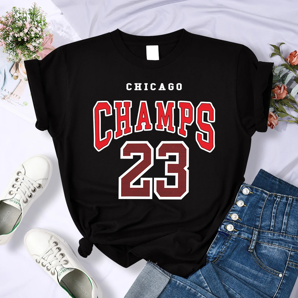 Streetwear CHICAGO CHAMPS 23 Print T-Shirts Women Oversize Loose T-Shirt Breathable Sweat Clothing Fashion Crewneck Summer Tops