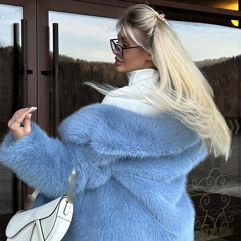 Women Blue Lapel Furry Faux Fur Fasion Winter Warm Button Long Sleeve Jacket Coat Female Casual Chic High Street Outwear