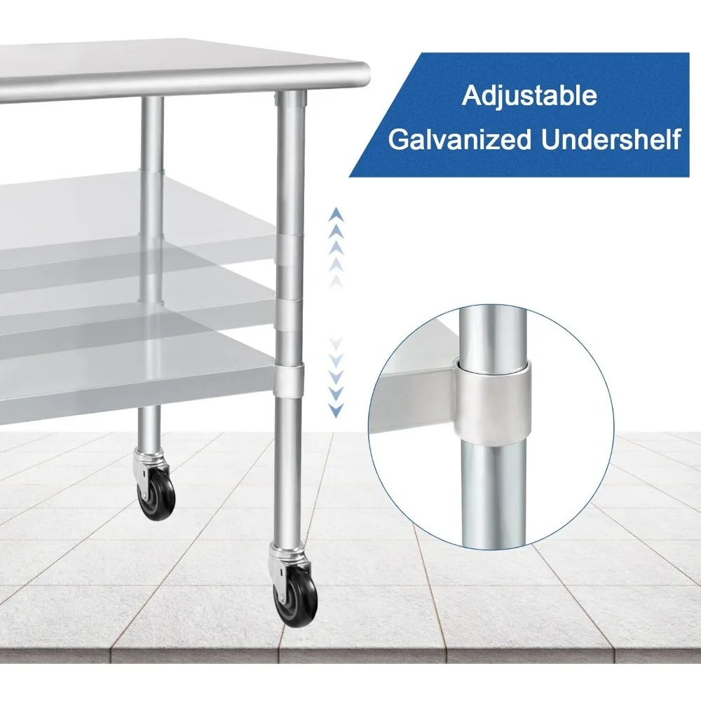 Stainless Steel Table with Wheels Casters Heavy Duty Commercial Work Table with Undershelf and Galvanized Legs for Restaurant