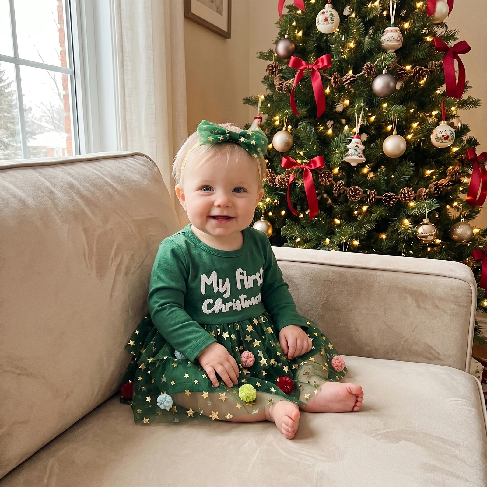 Baby Girl Christmas Outfits Letter Embroidered Star Long Sleeve Tulle Mesh Romper Dress Bow Headband 2 Piece Set
