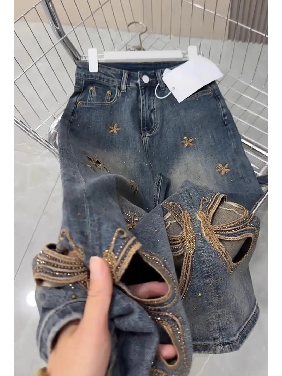 

Джинсы-стрейч с вышивкой и стразами, прямой крой, широкие штанины, большие размеры, весна-осень, для мужчин и женщин...