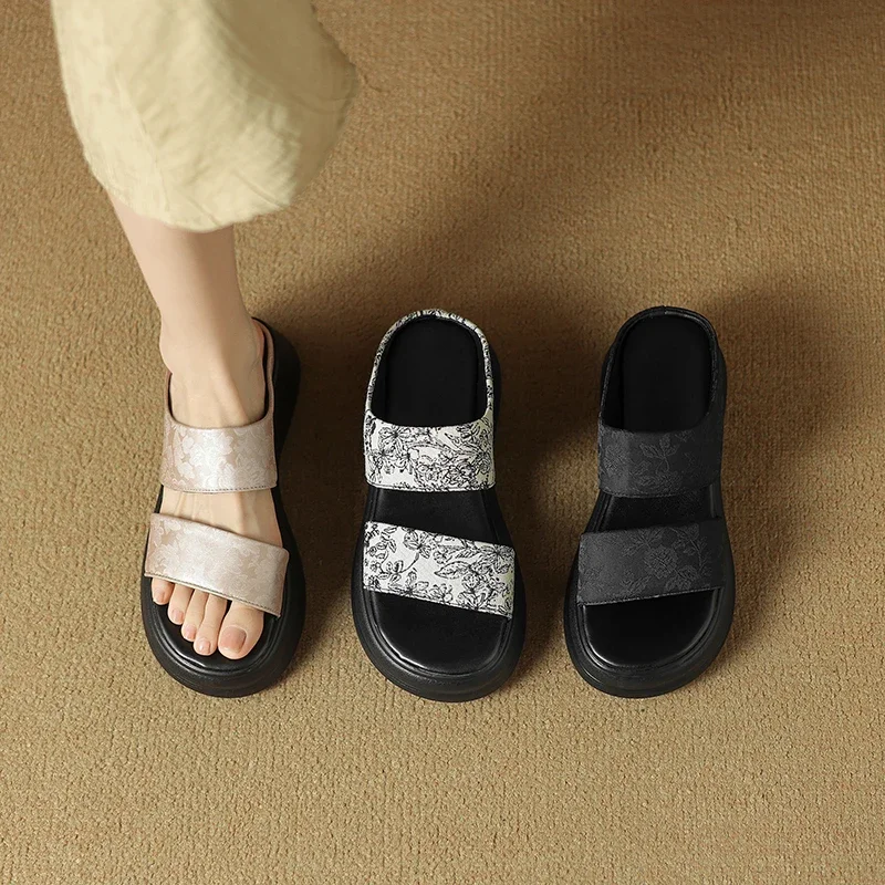 2024 Summer Sandals plus size 22-26.5cm  printing cloth+ microfiber back buckle strap mules platform Women's Shoes Chinese style