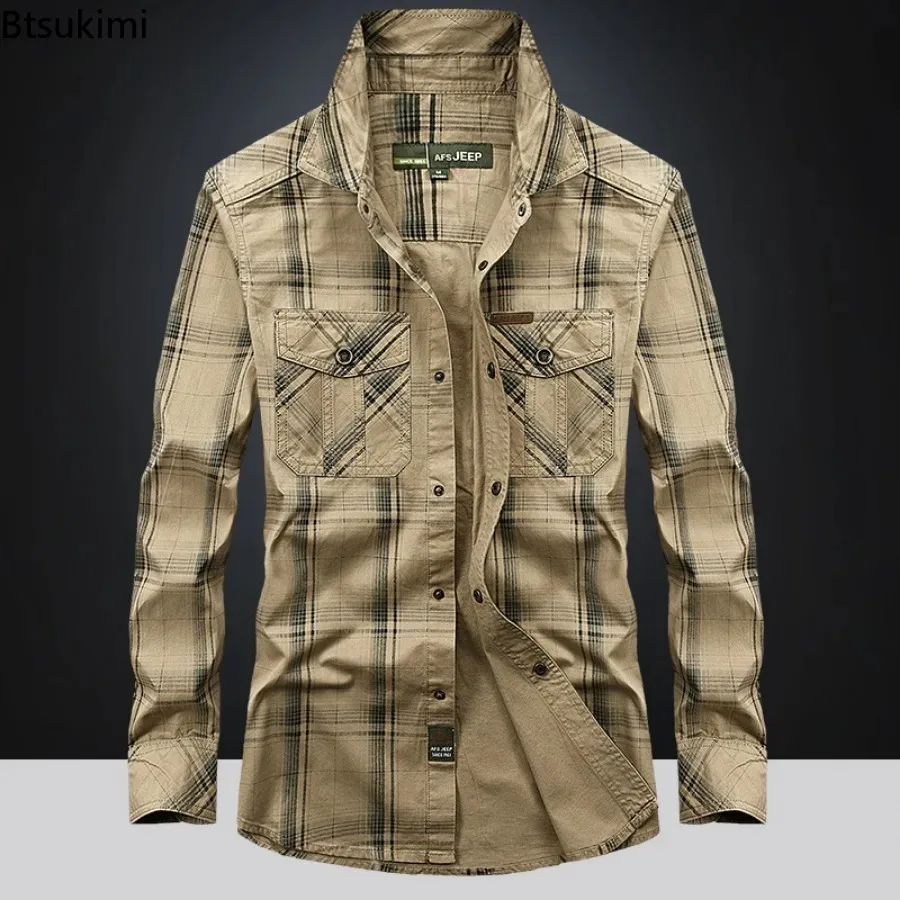 

New 2026 Men's Cotton Tooling Shirts Spring Autumn Long Sleeve Multi-pockets Plaid Casual Shirts Male Shirt Coats Plus Size 5XL