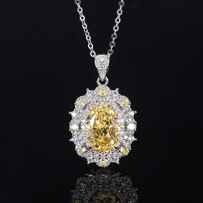 S925 Silver Colorful Treasure High Carbon Diamond Yellow Diamond Radian Cut Color Separation Pendant Necklace 10 * 14