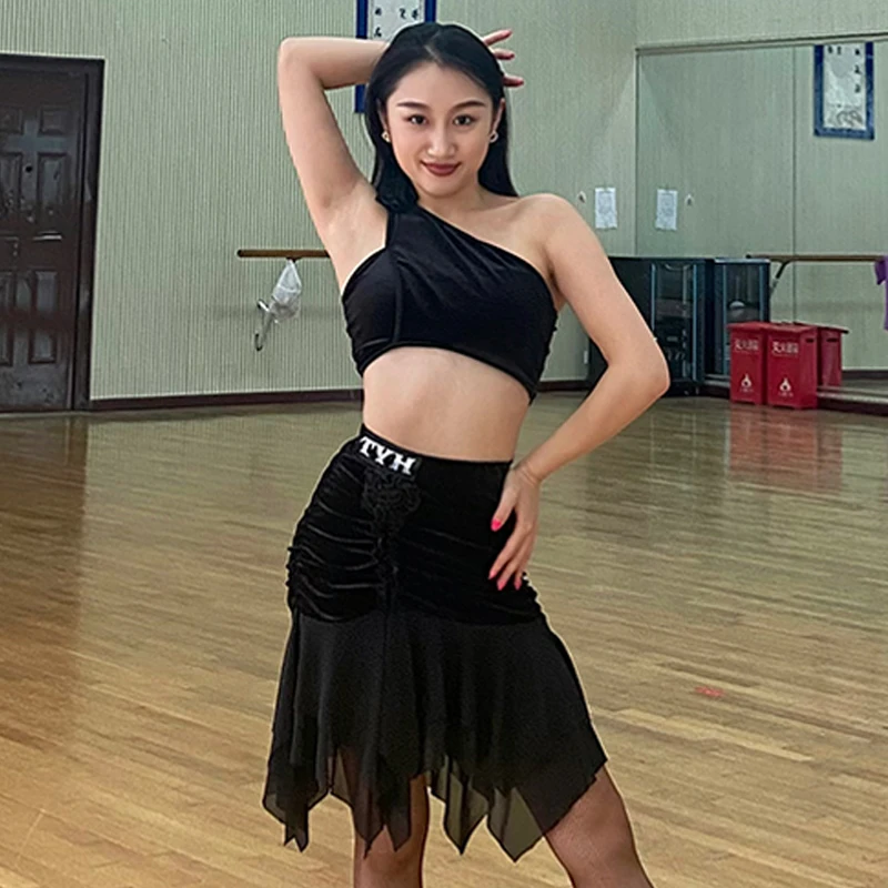 Latin Dance Clothing Women Adult Black Velvet Tops Flower Irregular Skirt Performance Wear Cha Cha Rumba Dance Dress DNV18805