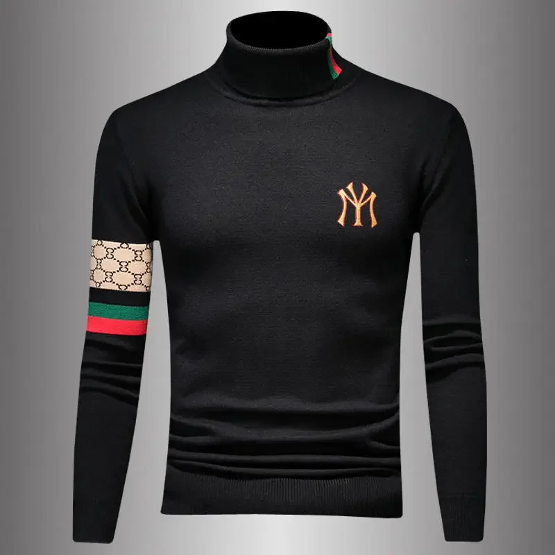 Suéter de punto bordado de cuello alto para hombre, Jersey cálido de marca de diseñador exquisito, ropa de otoño e invierno, negro y amarillo, nuevo