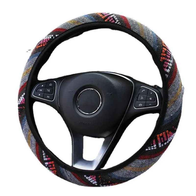 Protector de lino para volante de automóvil con estilo étnico, sin anillo de banda elástica interior para coche, se adapta a 14,5-15 pulgadas