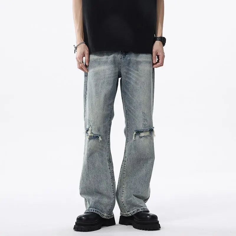 

New American retro washed ripped straight leg jeans for men loose and comfortable wide leg pants baggy jeans