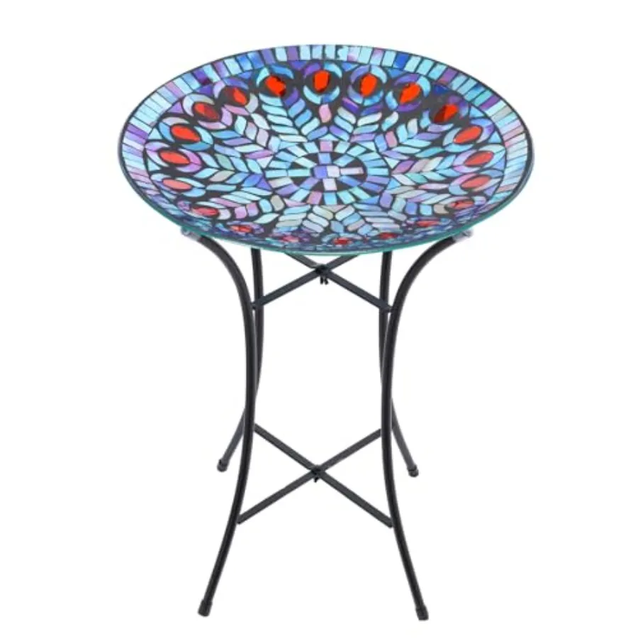 

MUMTOP Стеклянная мозаичная купель для птиц, 14 дюймов, для сада, в форме павлина, с металлической подставкой, уникальная стеклянная поилка для птиц