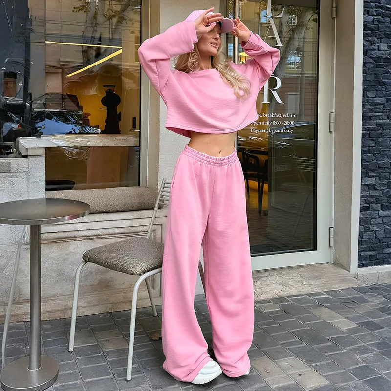 

Simple Loose Casual 2 Piece Set Women Solid O Neck Long Sleeeve Pullover Sweatshirts Crop Top + Wide Leg Pants Streetwear Suits