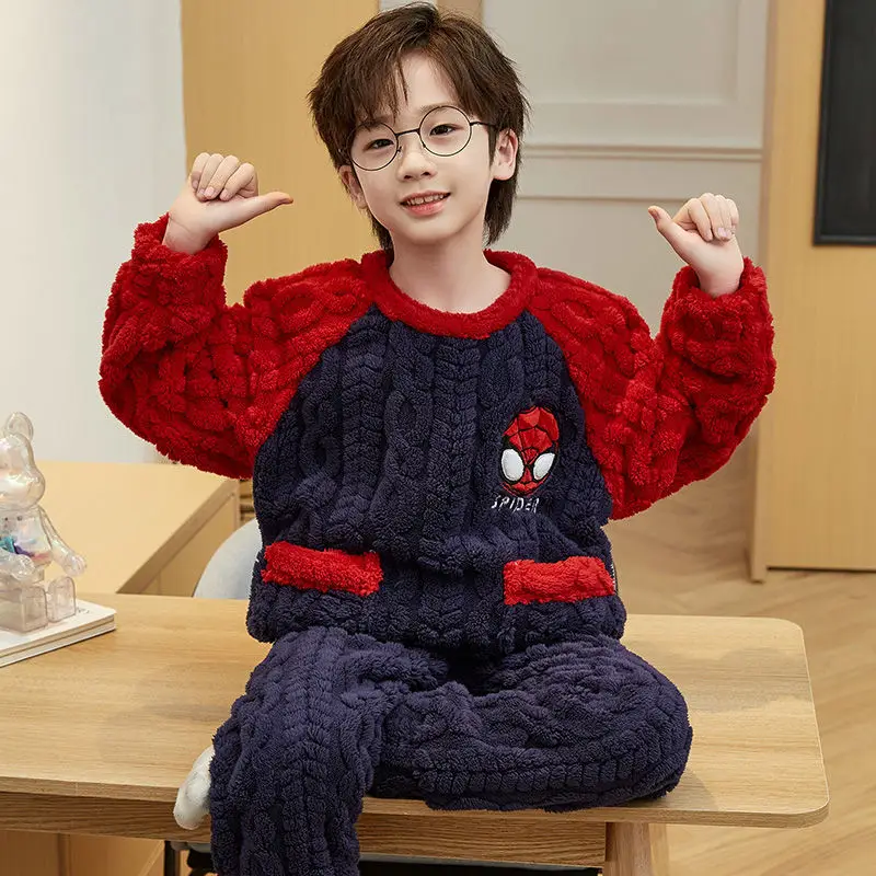 New Cartoon Children's Handsome Spider-Man Boy Thickened Pajamas Creative Anime Character Plus Velvet Warm Home Clothes Set Gift