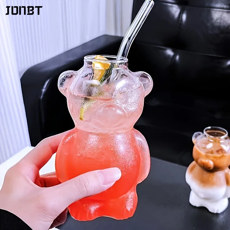 

4PCS Glasses With Straw Cartoon Bear Coffee Mugs Transparent Glass Bear Cup Birthday Christmas Gifts for Women Kids Drinkware