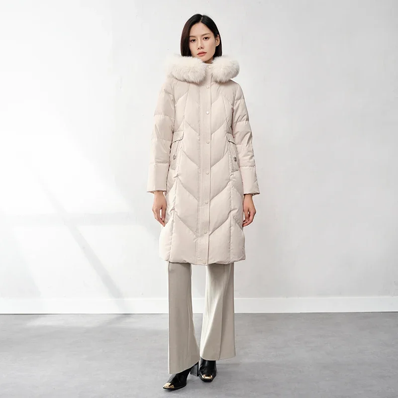 Piumino di media lunghezza Chericom Pelliccia di volpe con cappuccio modello trapuntato Tessuto ad alta densità Piumino antivento addensato Y299225B