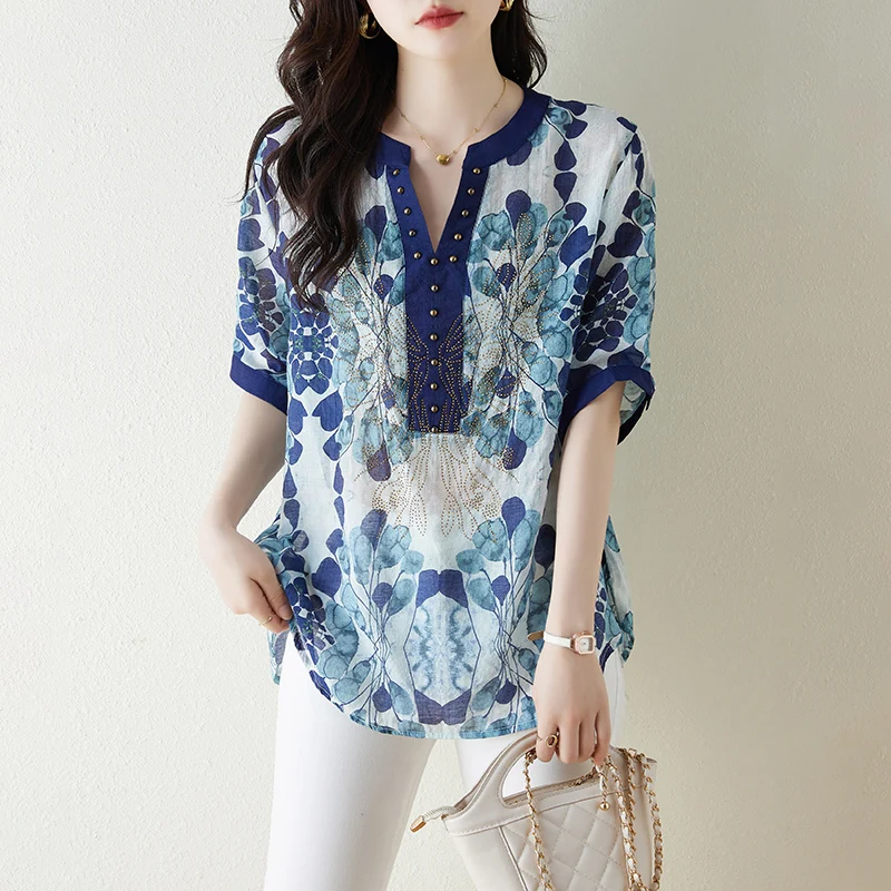 2023 Women's Silk Stick Diamond V-Neck Shirt Shirt Summer New Print Short Sleeve Top Loose Large Slim Long T-shirt