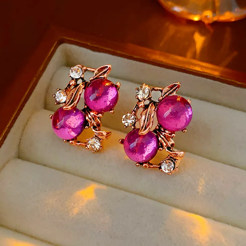 Red Rhinestone Resin Leaf Flower Metal Stud Earrings for Women Vintage Exquisite New in Earring Personality Elegant Jewelry Gift