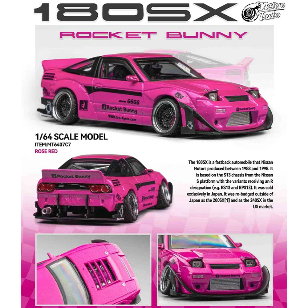 MicroTurbo Coche a Escala 1/64 180SX Rocket Bunny Widebody de Aleación Fundida a Presión, Modelo de Exhibición y Regalo