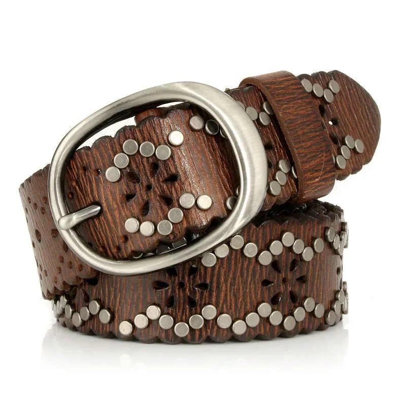 Punk Style Rivet Belt for Women, 3.8cm Wide Genuine Leather Hollow Out Buckle Belt for Jeans