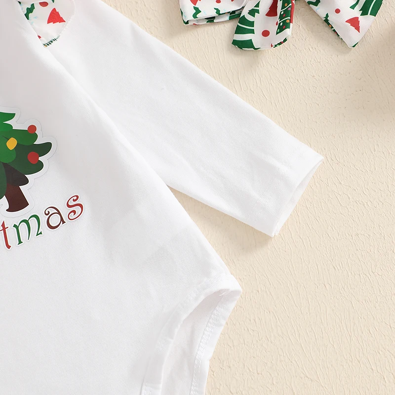 Baby Girls 3 Pieces Sets Long Sleeve Letter Christmas Tree Print Romper A-line Skirt Headband Christmas Outfits