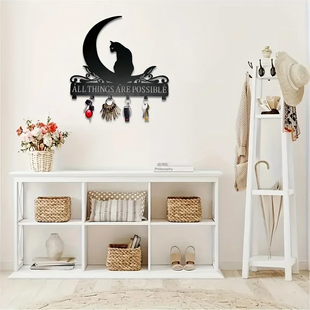 

Metal Wall Mounted Row Hooks, Wall Hanging Storage Rack Hooks, Cat Sign, Decorative Organizer Rack, Key holde Gift