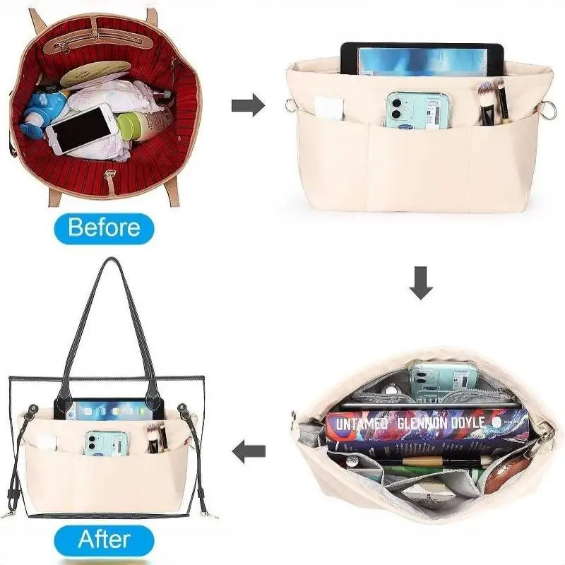 Vintage Kosmetik-Organizer-Einsatztasche mit Reißverschluss, mehrere Taschen, einfarbig, multifunktionale Tasche für Damen – Detail 5