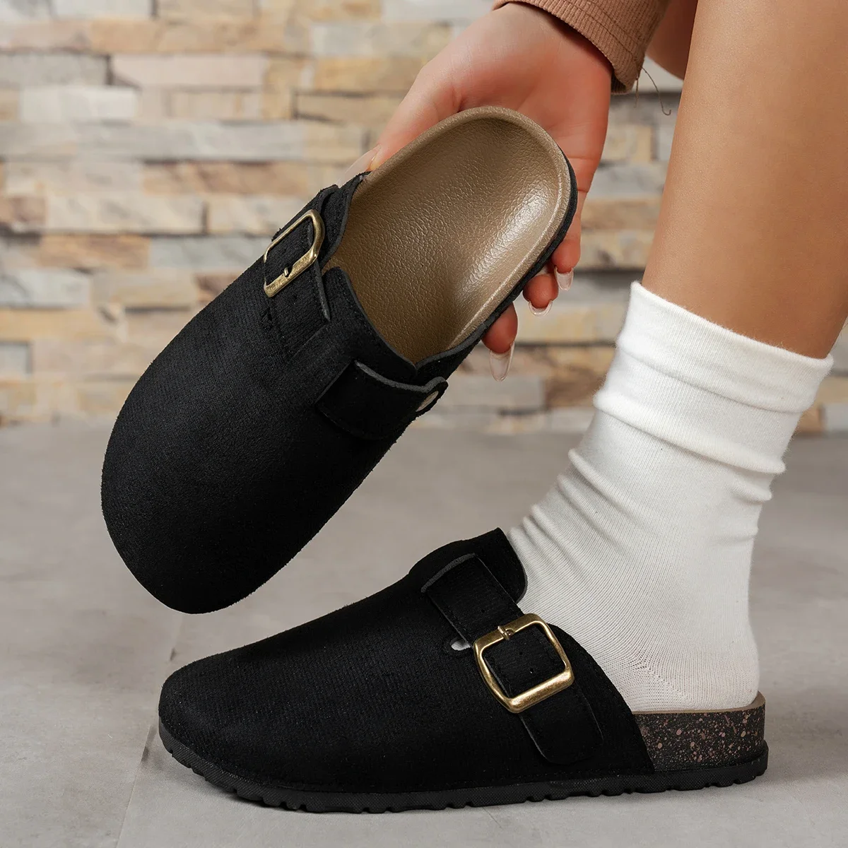 Women Suede Clog Mule Slippers Adjustable Buckle Closed Toe Backless Flat Indoor Outdoor Casual Shoes