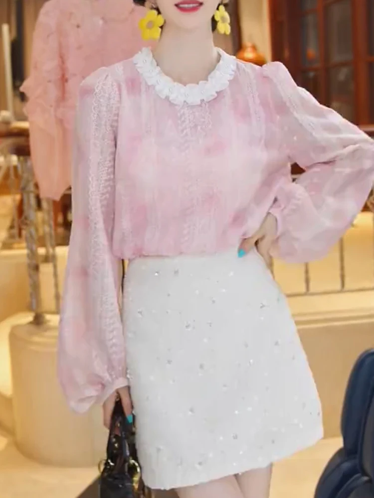 

Chic Lace Sensation round Ne Embellied Pink Casual Korean Sle Blouse Ele Floral Trim Anti-Aging Top for Women