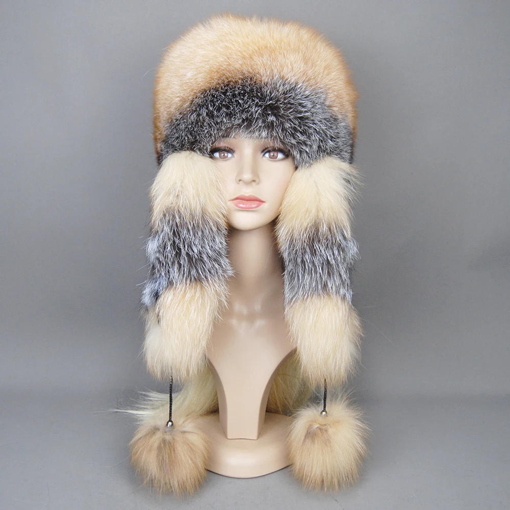 Hot Sale Lady Winter Warm Luxury 100% Natural Fox Fur Hat Fashion Fluffy Fox Fur Rex Rabbit Fur Caps Women Real Fur Bomber Hats