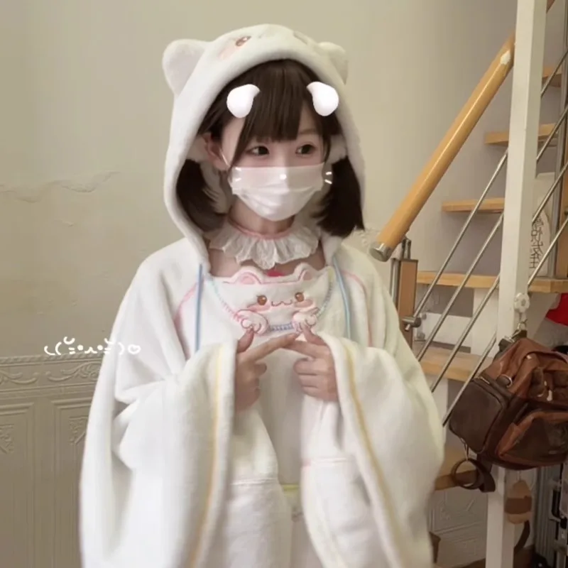 2025 New Japanese Winter Cartoon Print Soft Shawl Cape Two-dimensional Solid Color Hooded Cape Fluffy Coat For Women