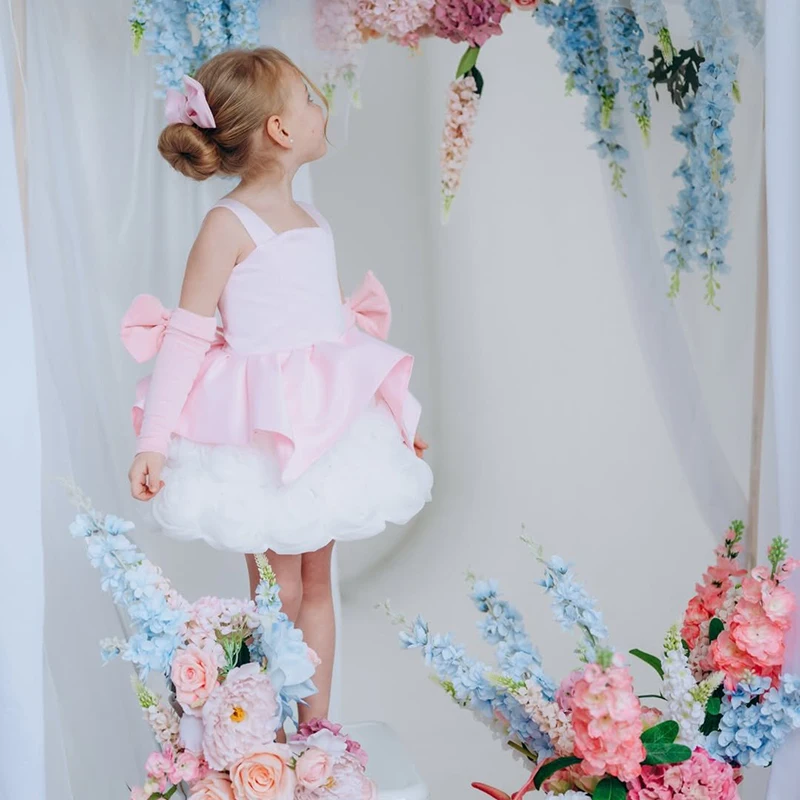Eightree Customized Pink Flower Girl Dress For Wedding Fluffy Velvet With Bow Lovely Kids Birthday Party Banquet First Communio