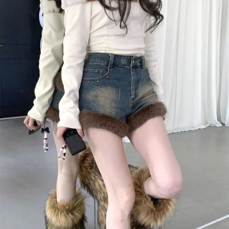 Y2k Denim Shorts Mujer Autumn Winter Fleece Paneled Woman Pants Korean Fashion High Waist Retro Pantalones Cortos