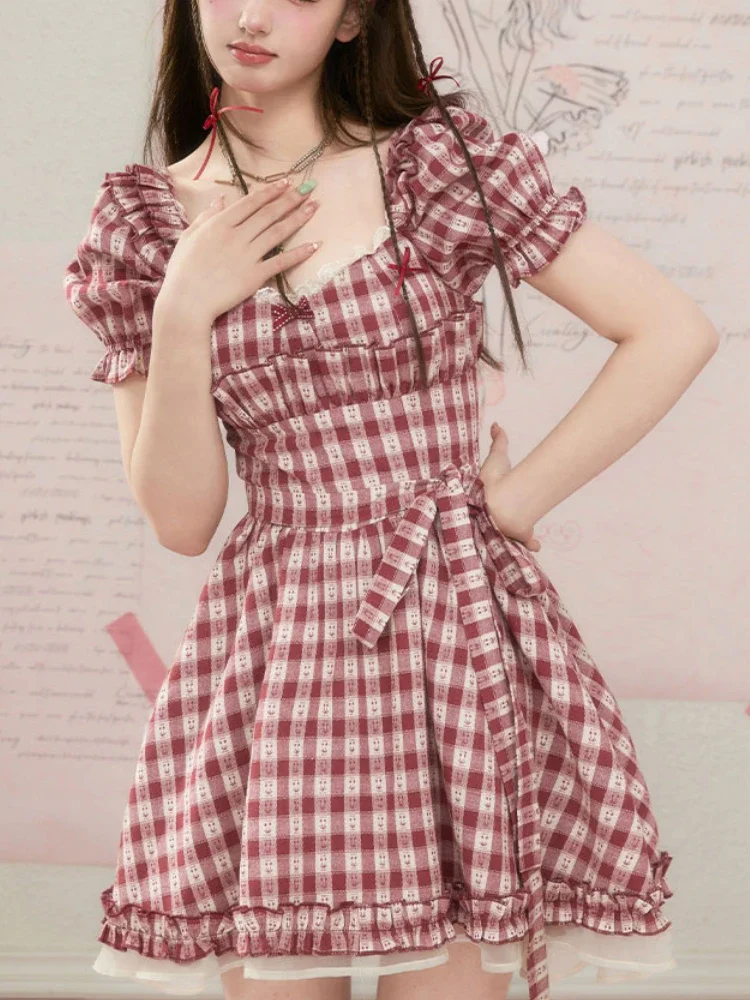 

Summer Red Plaid Korea Sweet Dress Women Puff Sleeve France Elegant Party Mini Dress Square Collar Lolita Cute Dress Female 2023