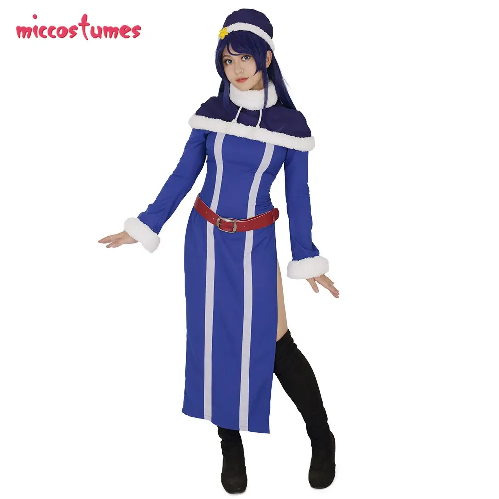 Women's Juvia Cosplay Costume Outfit Dress Cape Hat Belt for Woman Halloween Blue Outfit Dress