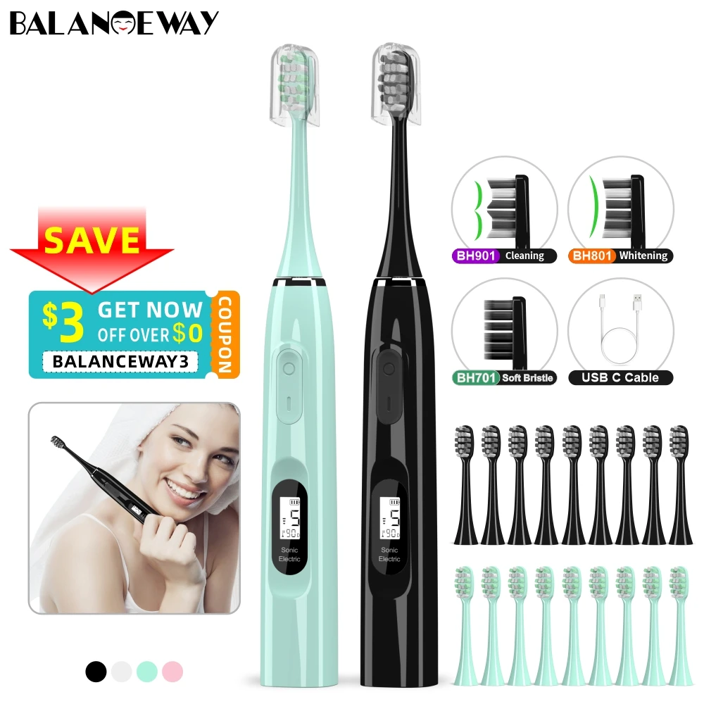 

LCD Sonic Electric Toothbrush USB C Rechargeable IPX7 Adult Cleaning Whitening 15Modes Oral Care 10 Replaceable Brush Heads P5S