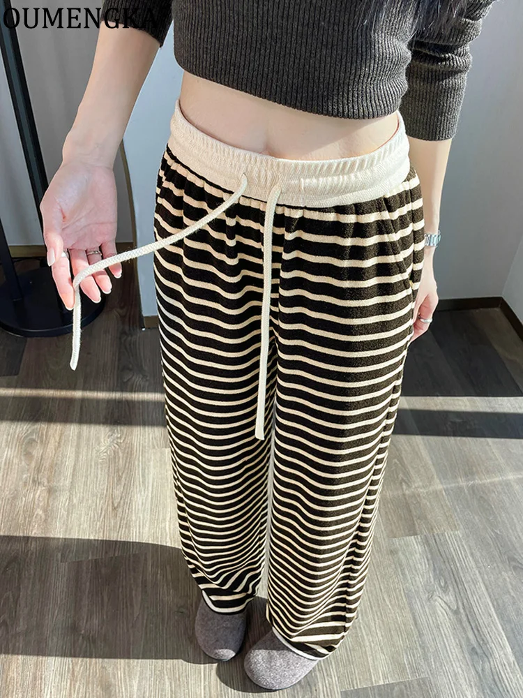 Harajuku Contrast Color Stripe Wide Leg Trousers Vintage Loose Knitted Casual Y2k Aesthetic Women Fall Winter Velvet Warm Pants
