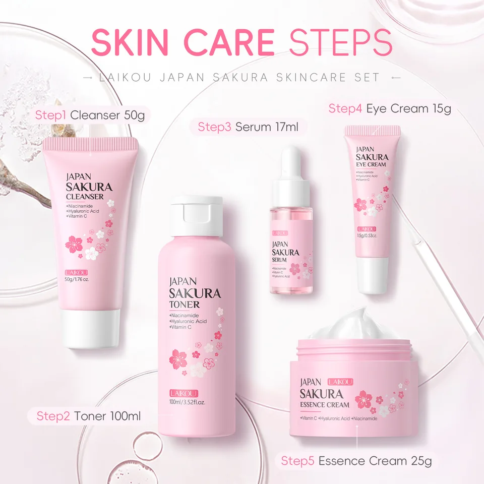 LAIKOU 桜 5点スキンケアキット 洗顔料 化粧水 美容液 アイ クリーム