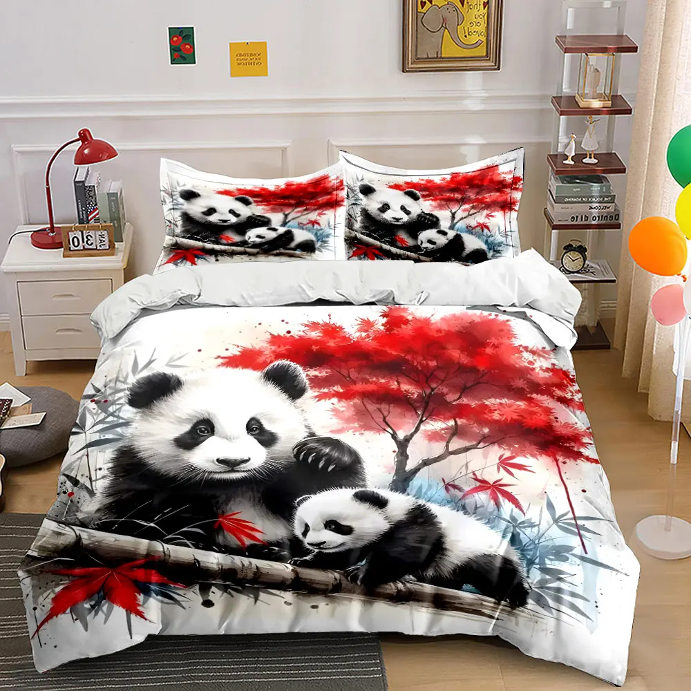 Panda mother and cub with red maple backdrop Print Bedding Set 1 Duvet Cover 2 Pillowcases for Adult and Children Luxury Gift