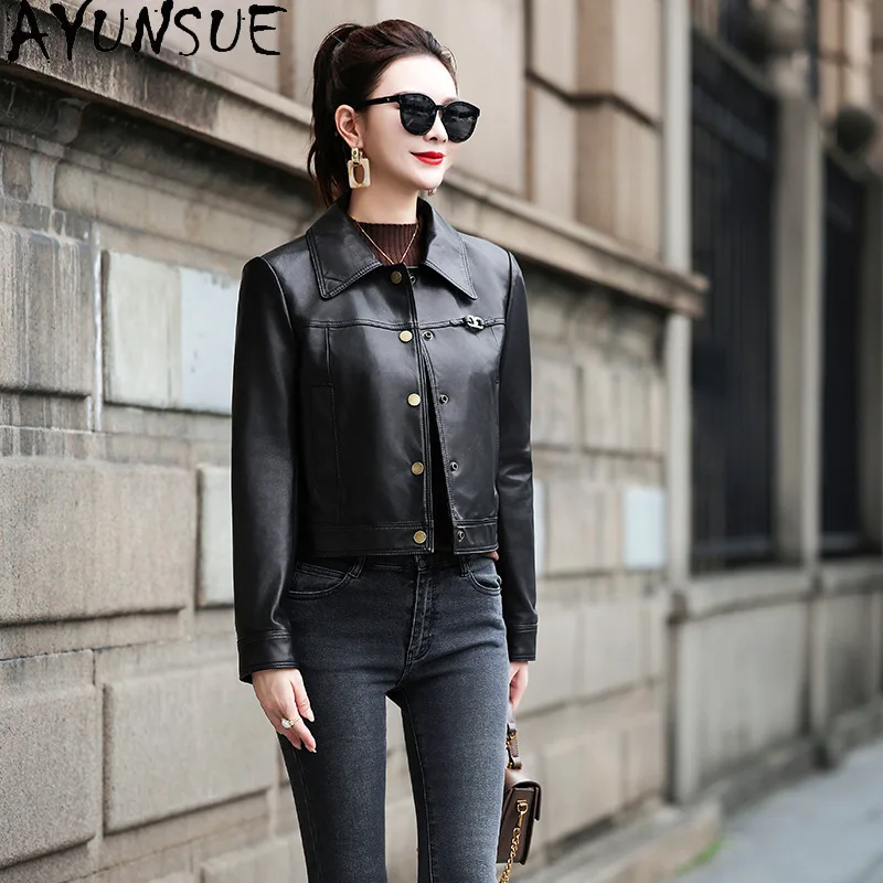 AYUNSUE 100% Real Leather Jacket Woman Autumn Clothes Natural Sheepskin Short Coat Women Fashion Semi Vegetable Tanning  بلايز