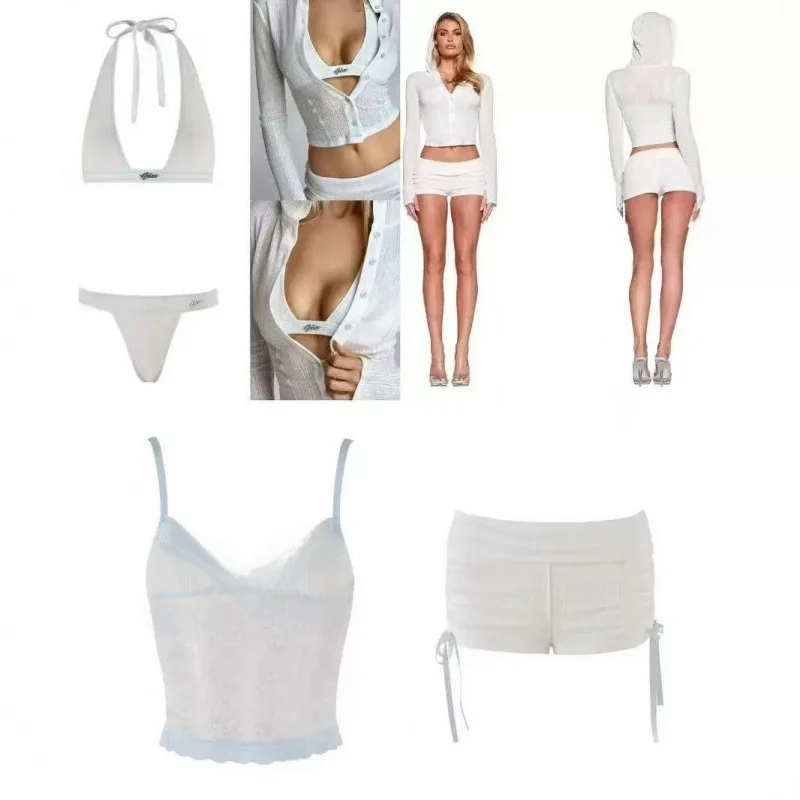 

Комплект IIA Pure Desire: полупрозрачный кружевной сетчатый топ с цветочным узором, V-образным вырезом и короткими бретелями, а также шорты с завязками-лентами