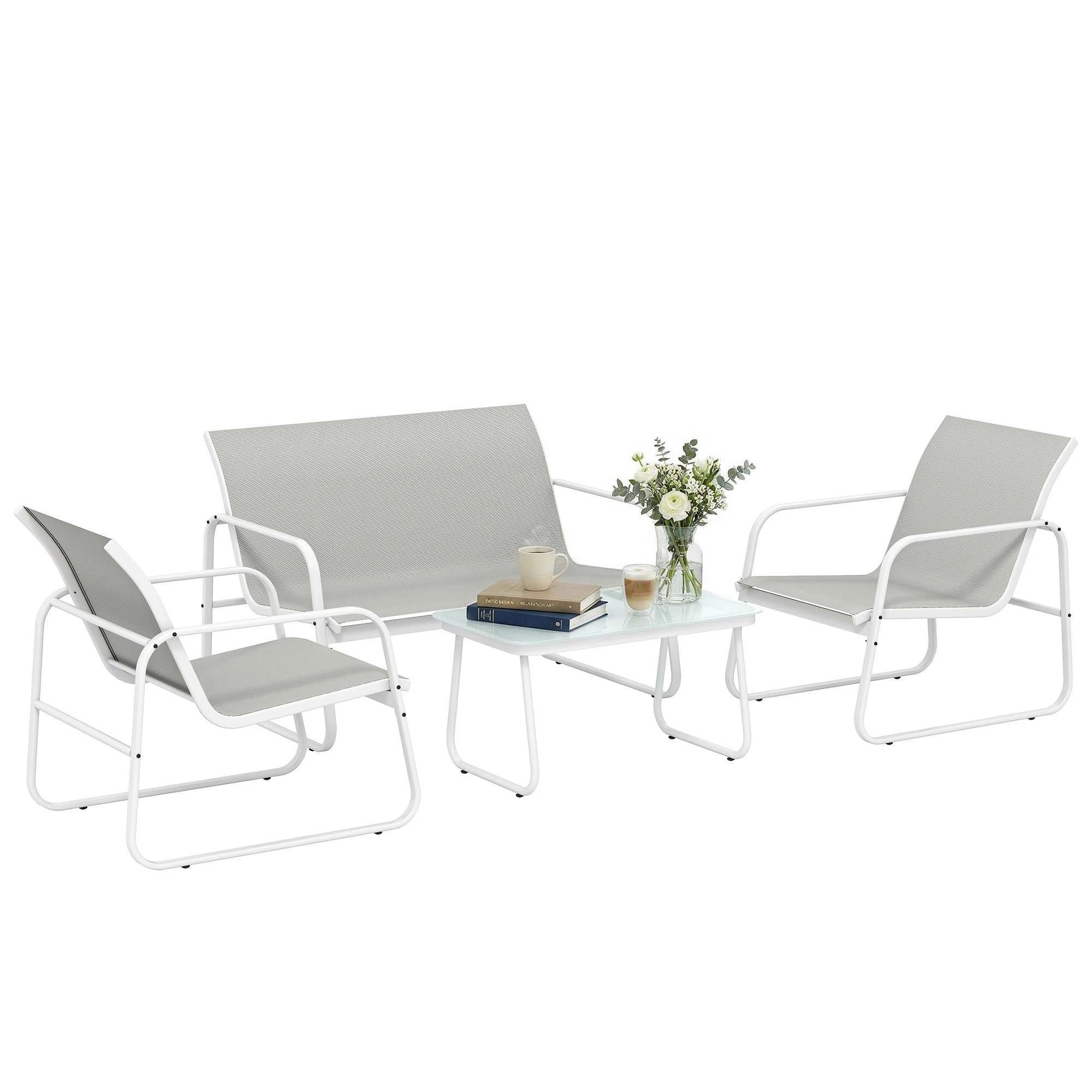 Outsunny Juego Jardín Exterior de 4 Piezas Tela Textilene Mesa de Vidrio Gris
