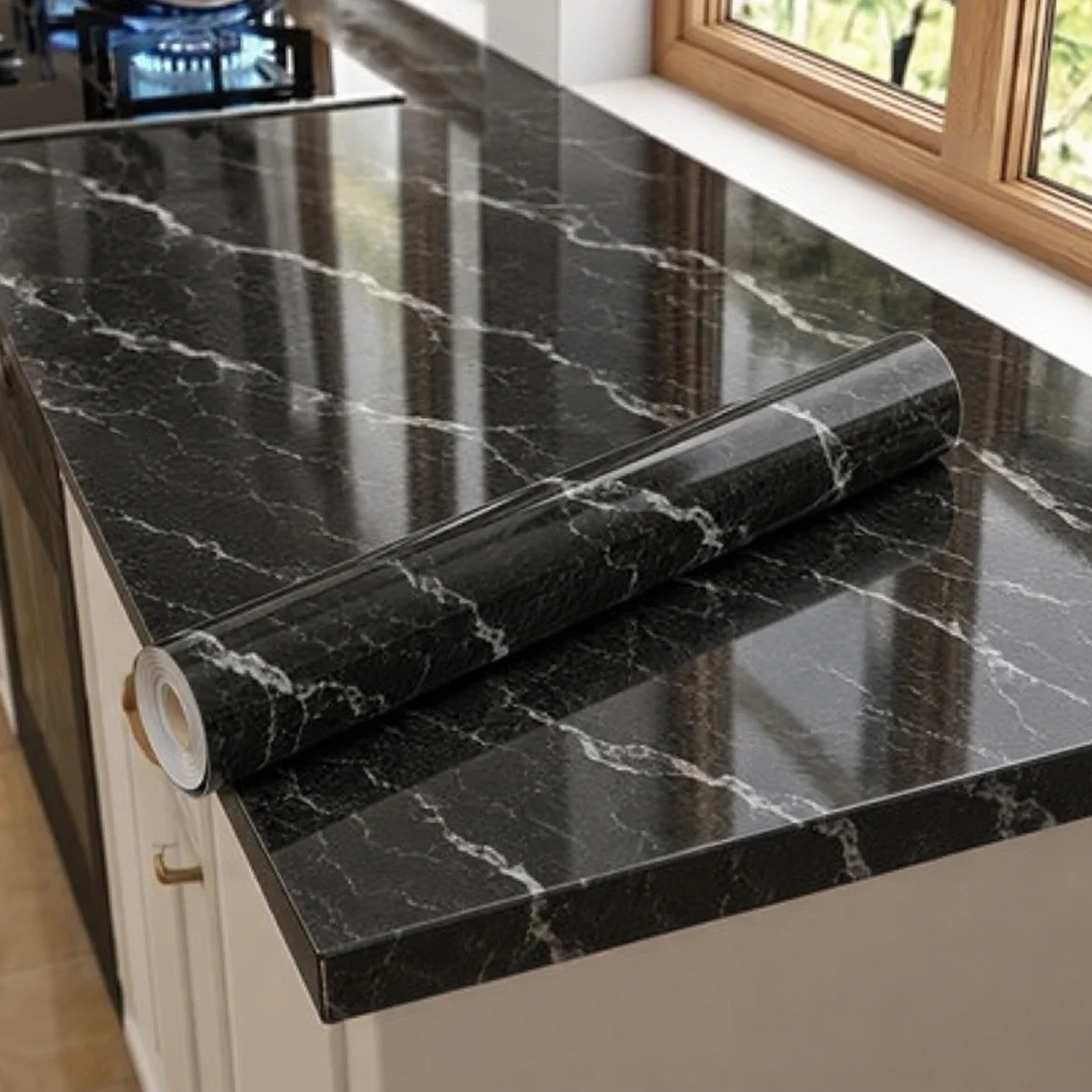 Glossy Oil-Resistant Marble-Pattern Sticker Suitable For Renovating Kitchen Bedroom Bathroom Countertop And Furniture.