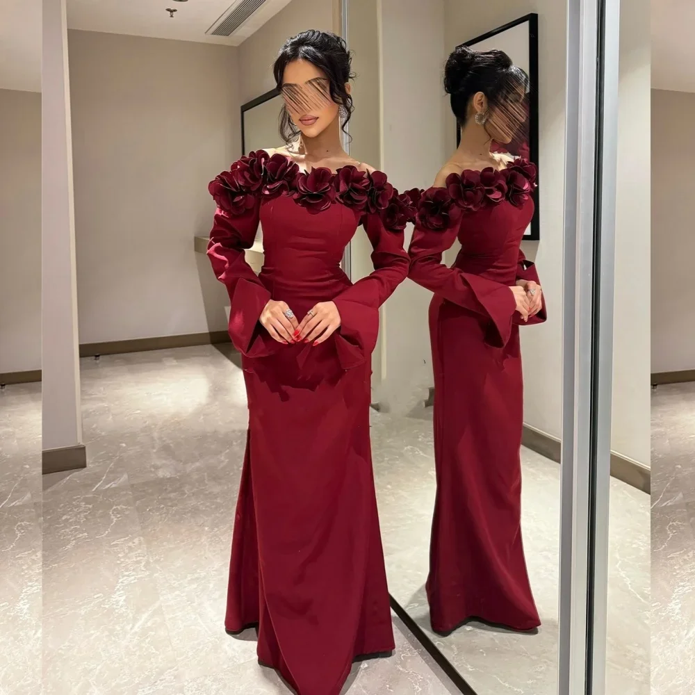 

Customized Elegant High Quality Jersey Handmade Flower Straight Off-the-shoulder Long Dresses Bespoke Occasion Dresses Exquisite