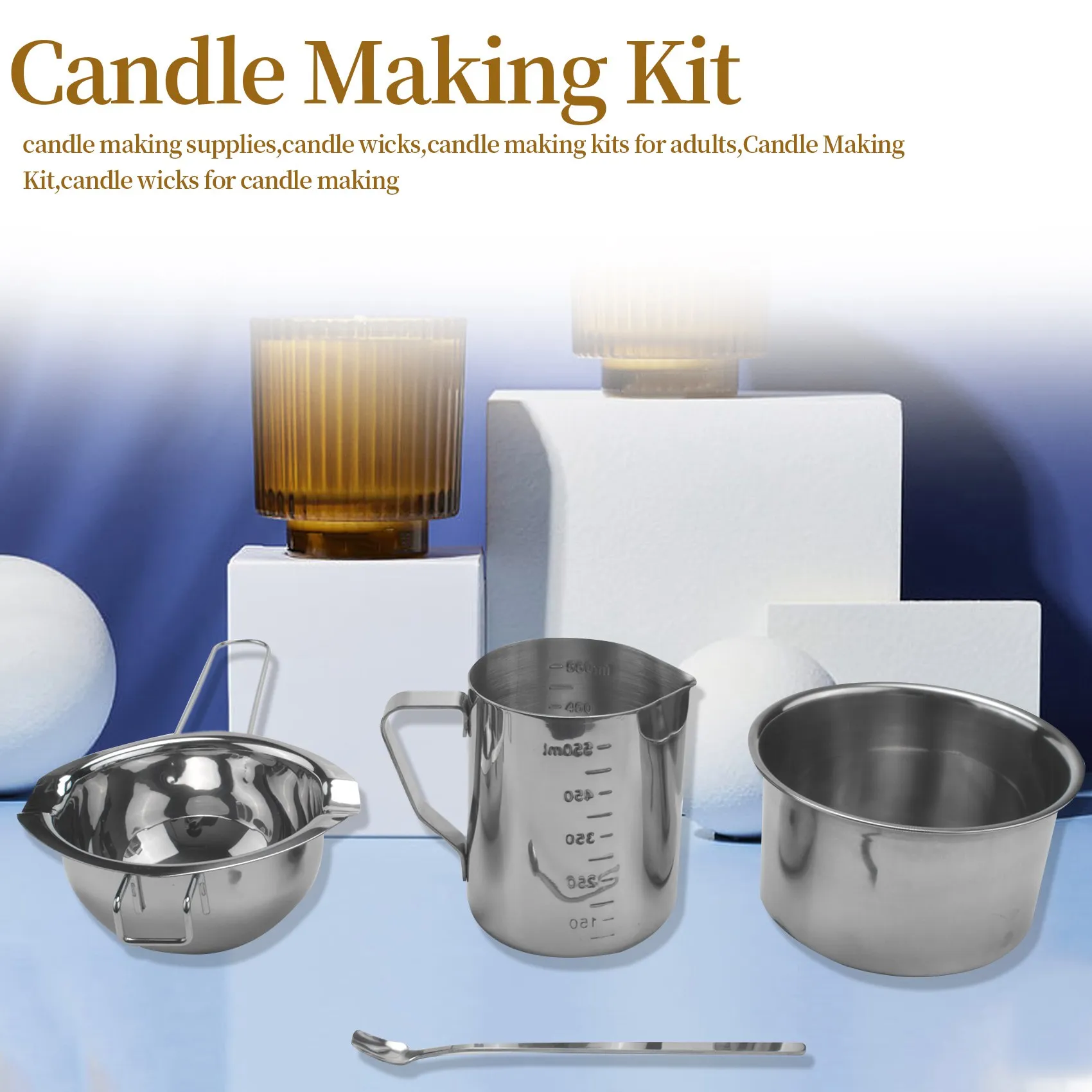 A21Q -4 Set Stainless Steel Double Boiler Long Handle Wax Melting Pot, Pitcher & Mixing Spoon Candle Soap Making, DIY Scented Ca