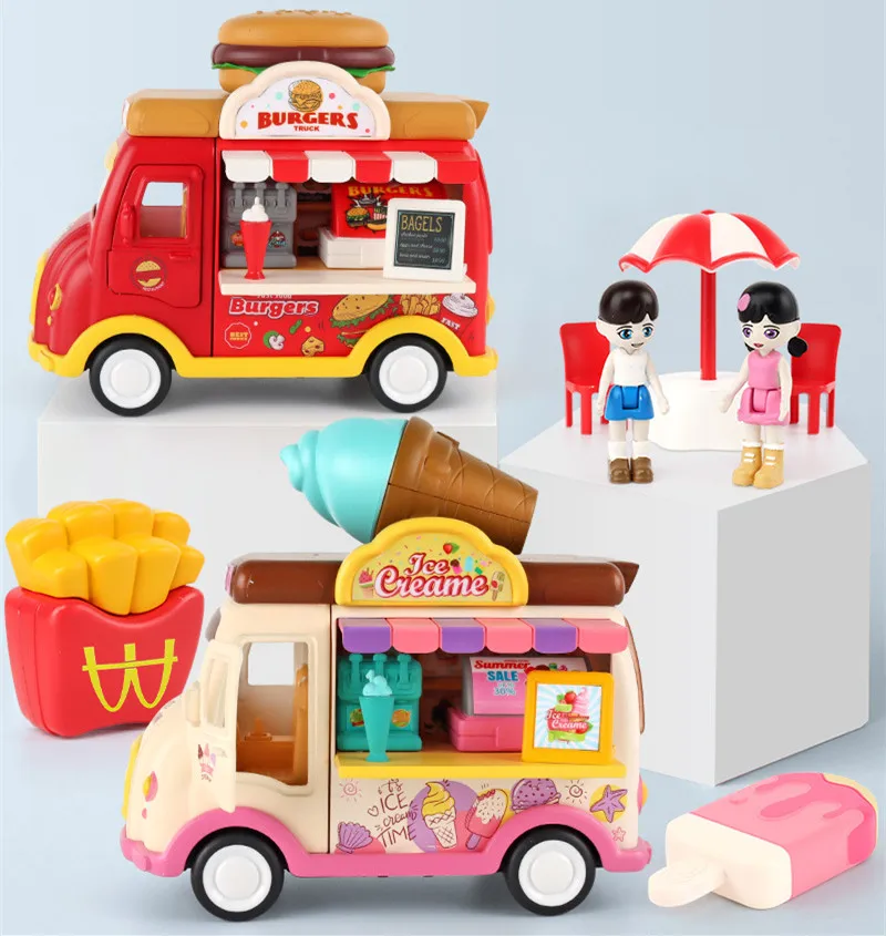 [Funny] Alloy Magnetic induction Burger chip truck Ice cream cart figure LED Light and sound Play house toys kids birthday gift