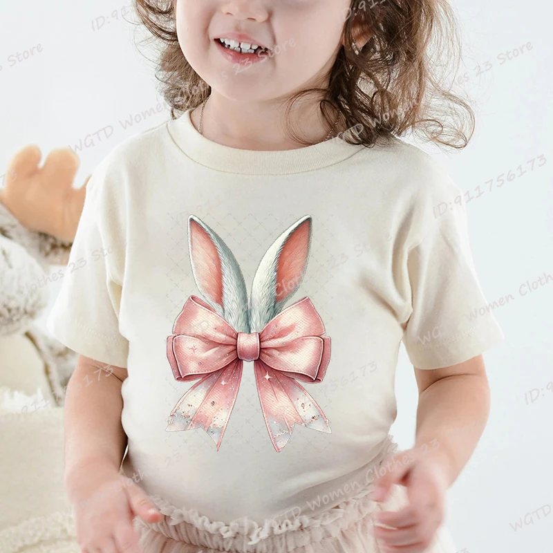Cool Easter Day Bunny Ear & Bow Print T-shirts Summer Fashion Casual Short Sleeve Tees Round Neck Tops Children Girls Tee Shirts