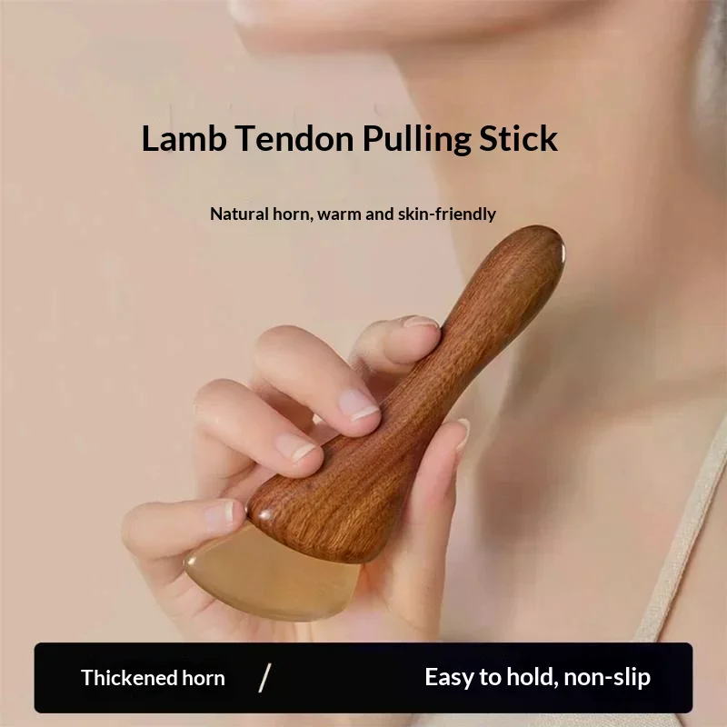 Natural Sheep Horn Gua Sha Tool With Non Slip Wooden Handle Skin Friendly For Facial Massage Home Use