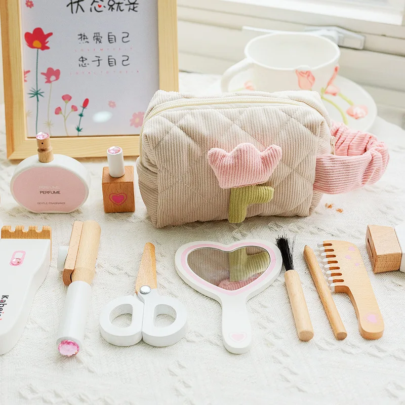 Girls Pretend Play Makeup Set Kid Make Up Beautiful Hairdressing Simulation Wooden Toy For Girls Dressing Cosmetic Children Toys