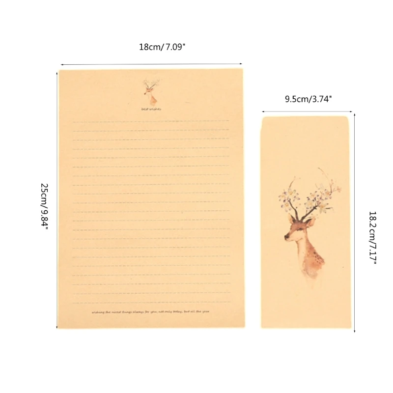 10x/Set Writing Paper and Envelopes Set Stationery Paper with Deer Pattern Letter Paper for Gift Cards Party Invitations