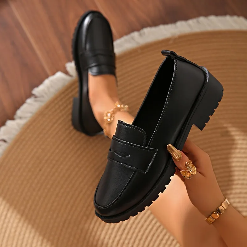 

Новинка 2023 года, лоферы на толстом каблуке в стиле ретро, женская обувь, обувь на низком каблуке в британском стиле, повседневная женская обувь из микрофибры с круглым носком